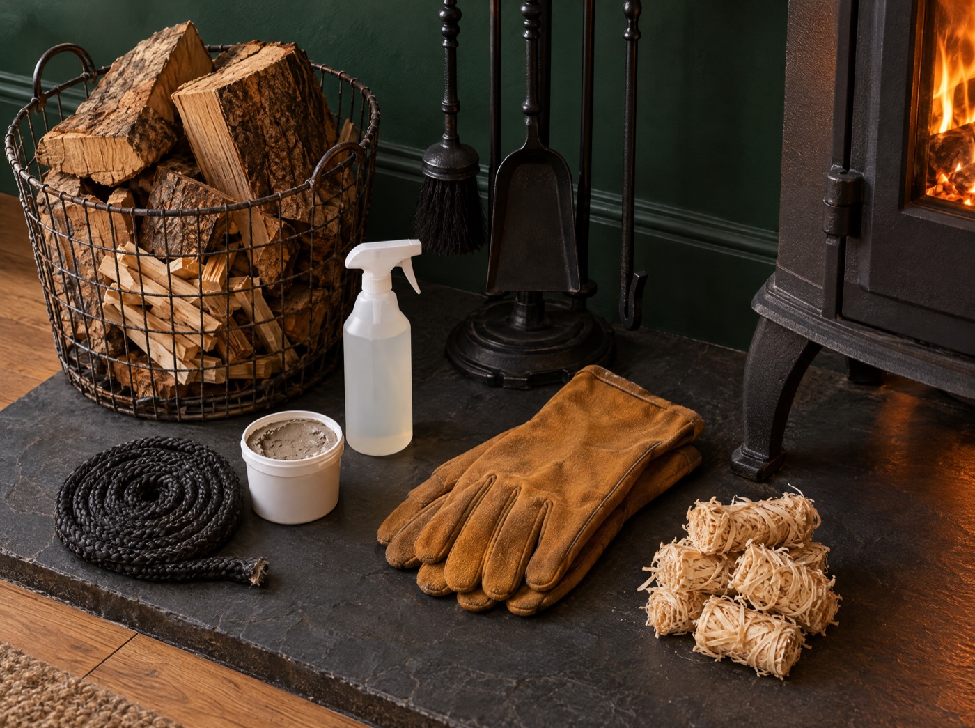 Stove rope, fire cement, glass cleaner, leather gloves, a log basket, a companion set and firelighters on a slate hearth