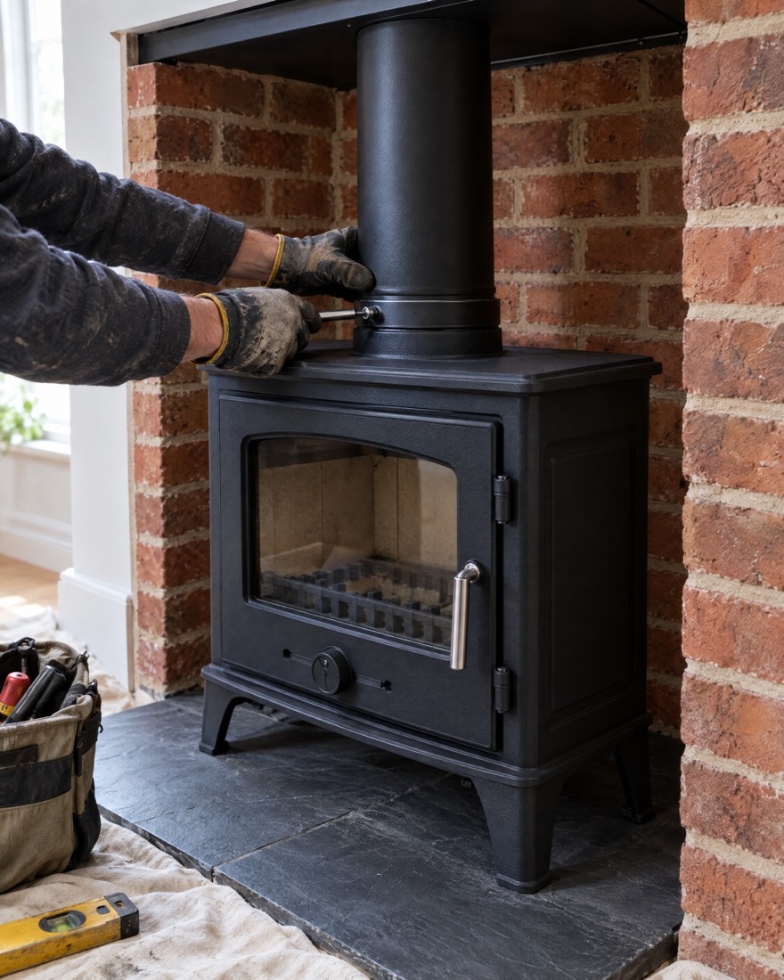 An installer in work gloves connecting a black flue pipe to the top of a stove in a brick fireplace