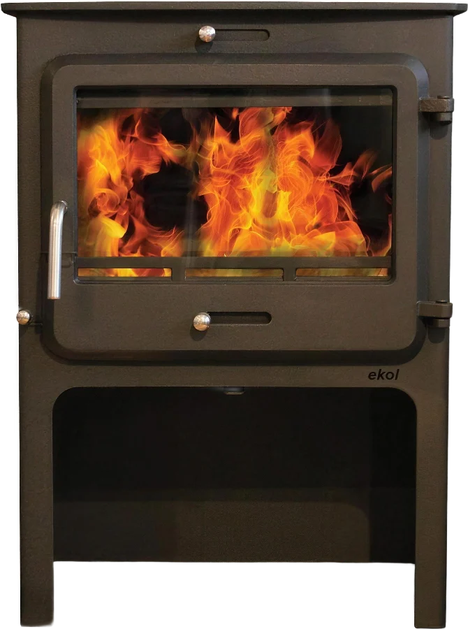 Ekol Clarity Vision High multi-fuel stove on a raised log store base